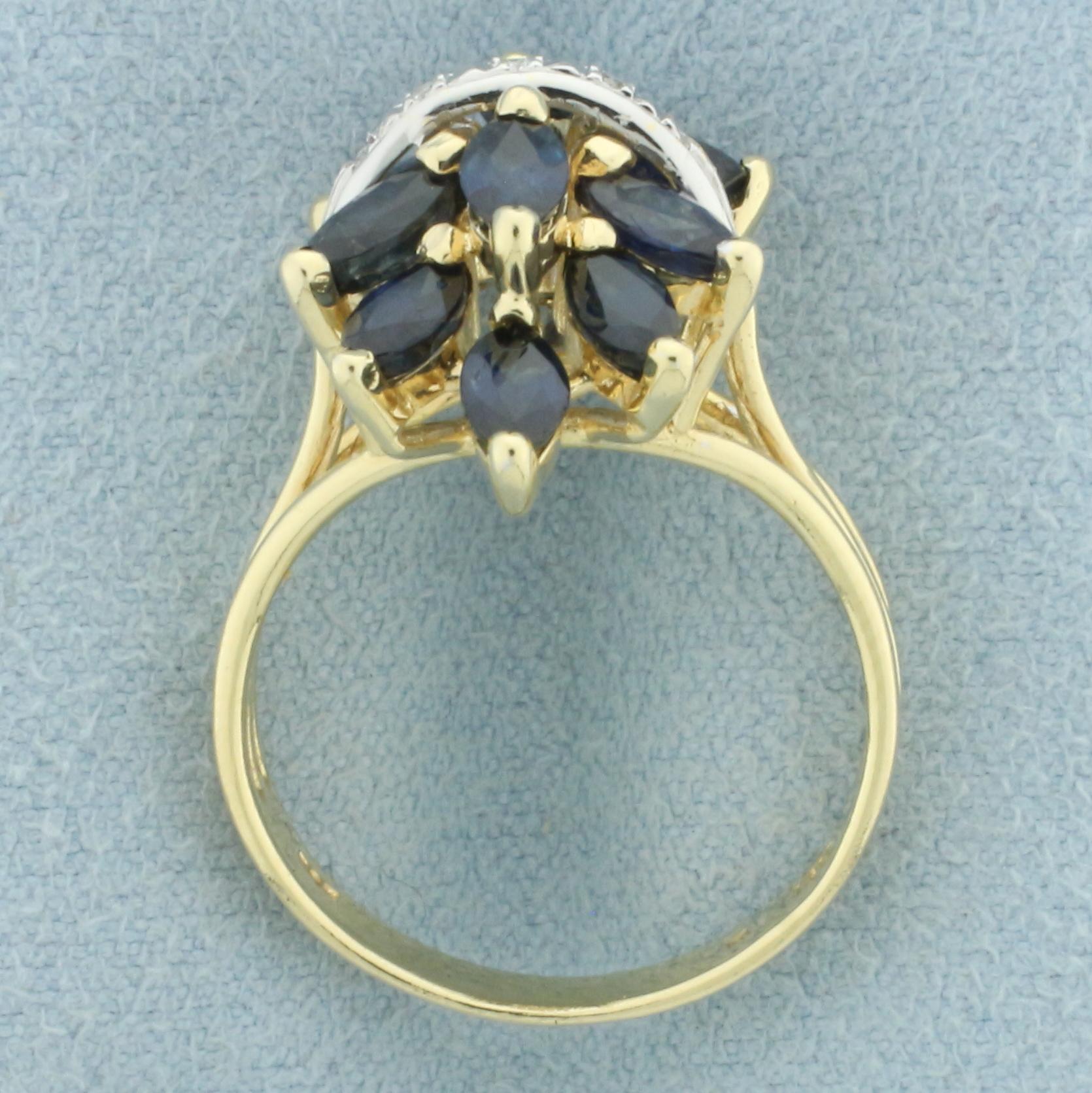 Sapphire And Diamond Spray Design Ring In 14k Yellow Gold