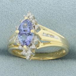 Unique Tanzanite And Diamond Ring In 14k Yellow Gold