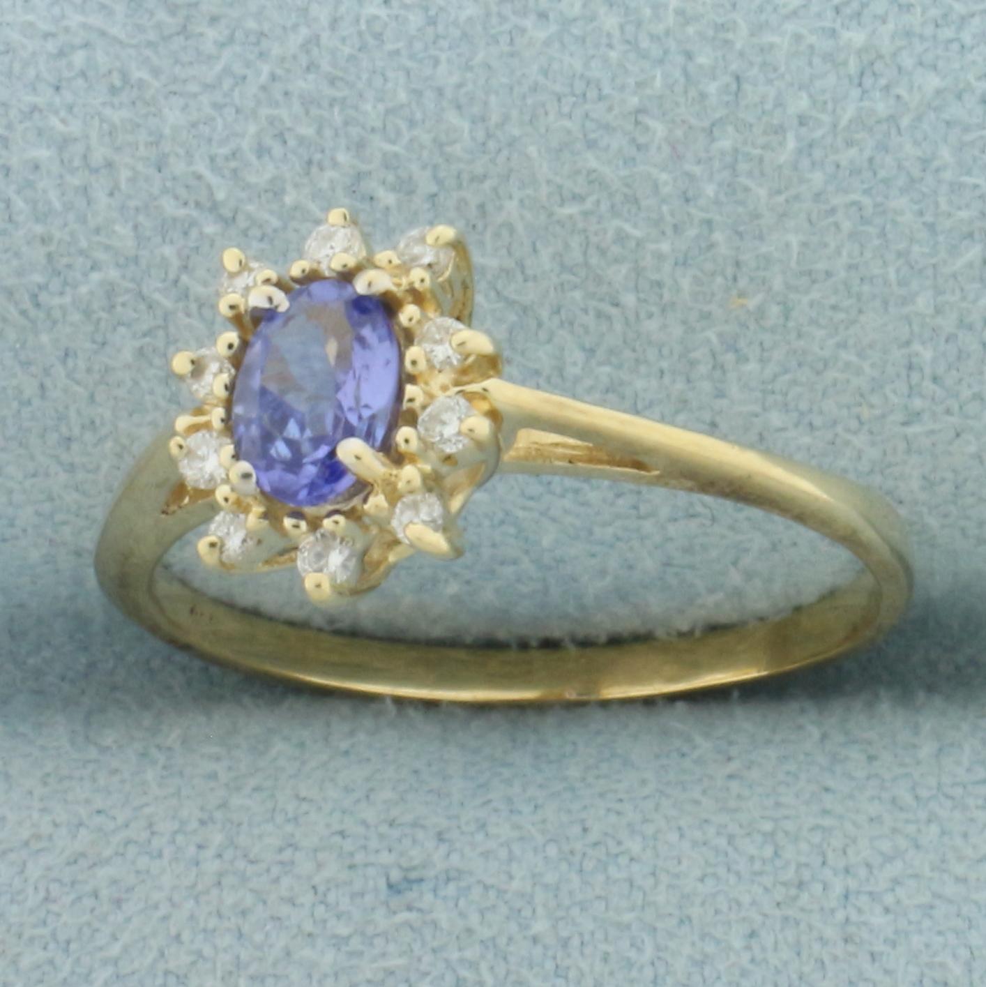 Tanzanite And Diamond Halo Ring In 14k Yellow Gold