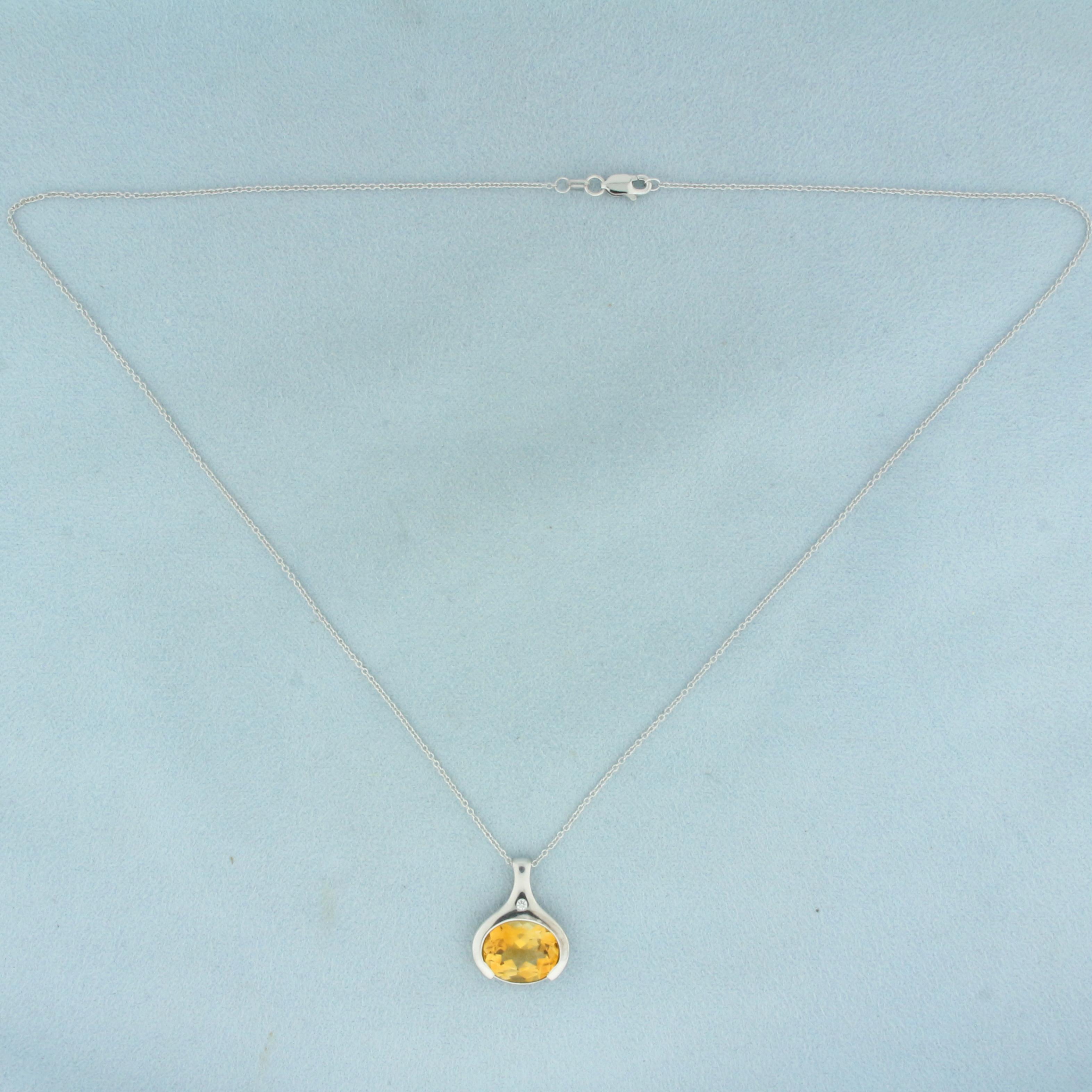 Citrine And Diamond Necklace In 14k White Gold
