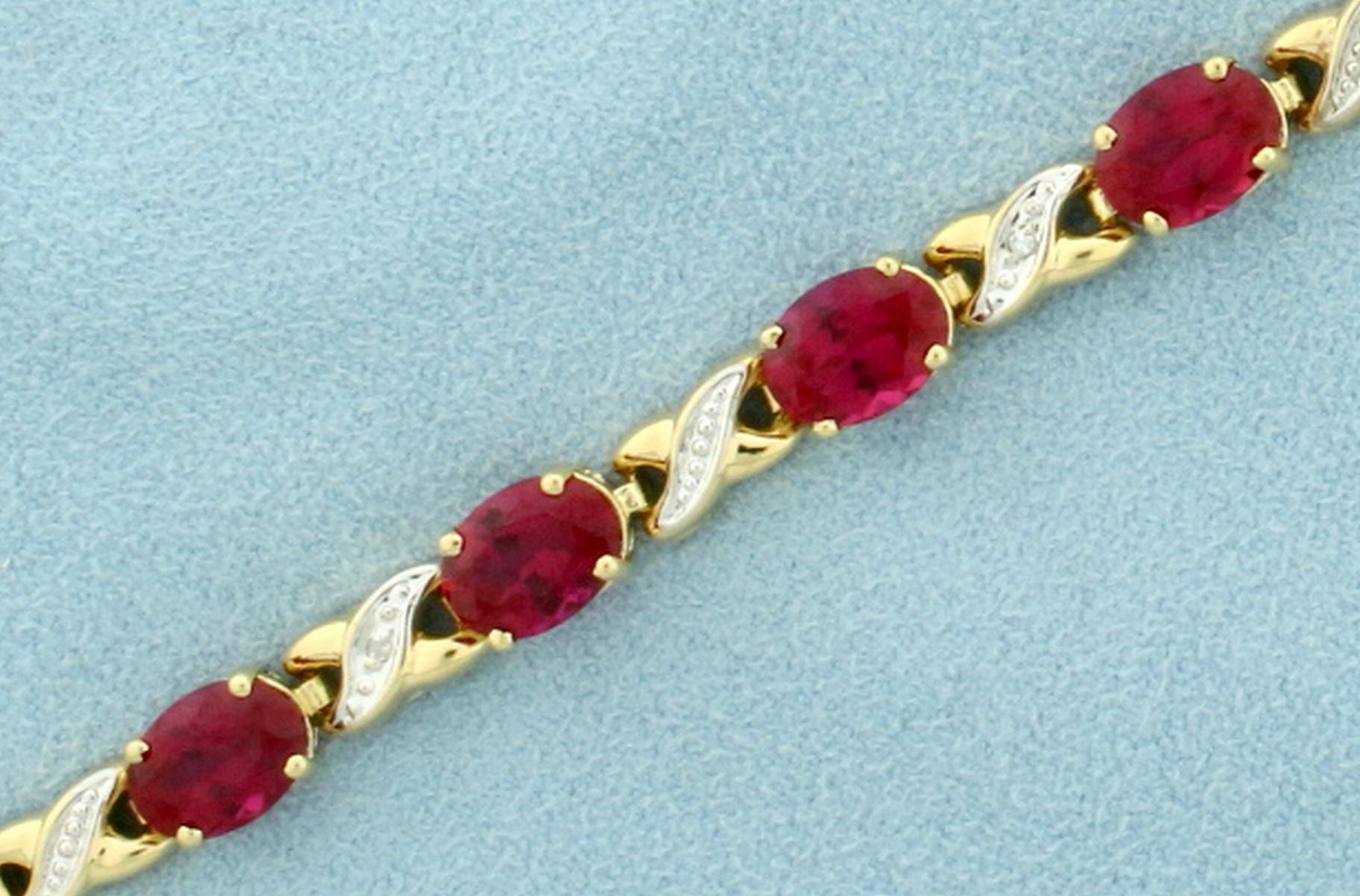 15ct Lab Ruby And Diamond Bracelet In 10k Yellow Gold