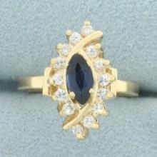 Marquise Sapphire And Diamond Ring In 14k Yellow Gold