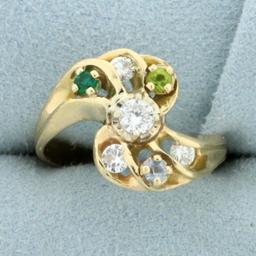 Vintage Diamond And Gemstone Ring In 14k Yellow Gold