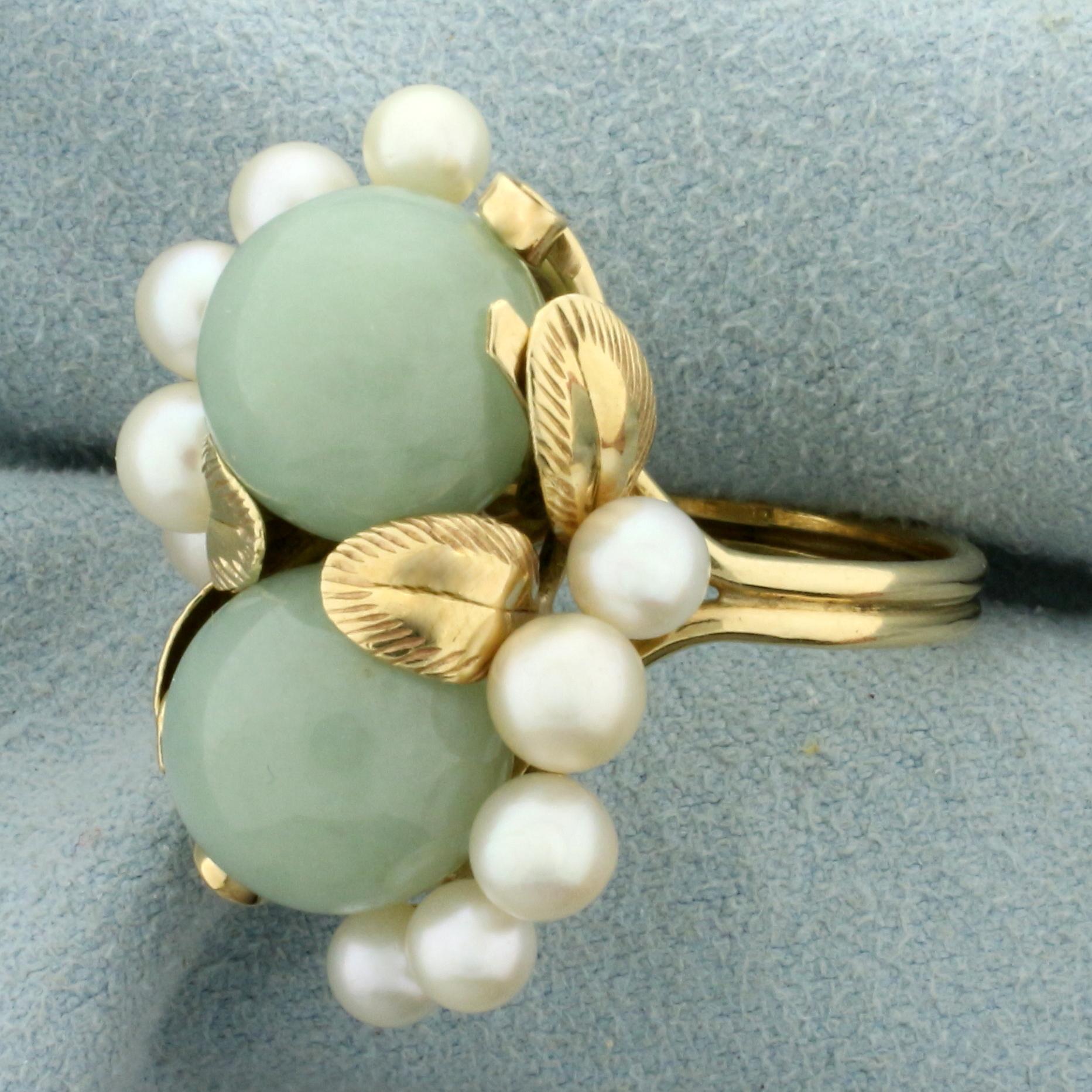 Designer Ming's Hawaii Jade And Pearl Leaf Design Ring In 14k Yellow Gold