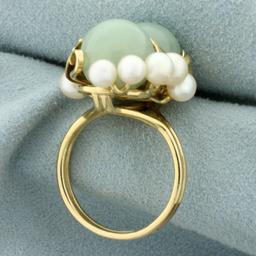 Designer Ming's Hawaii Jade And Pearl Leaf Design Ring In 14k Yellow Gold