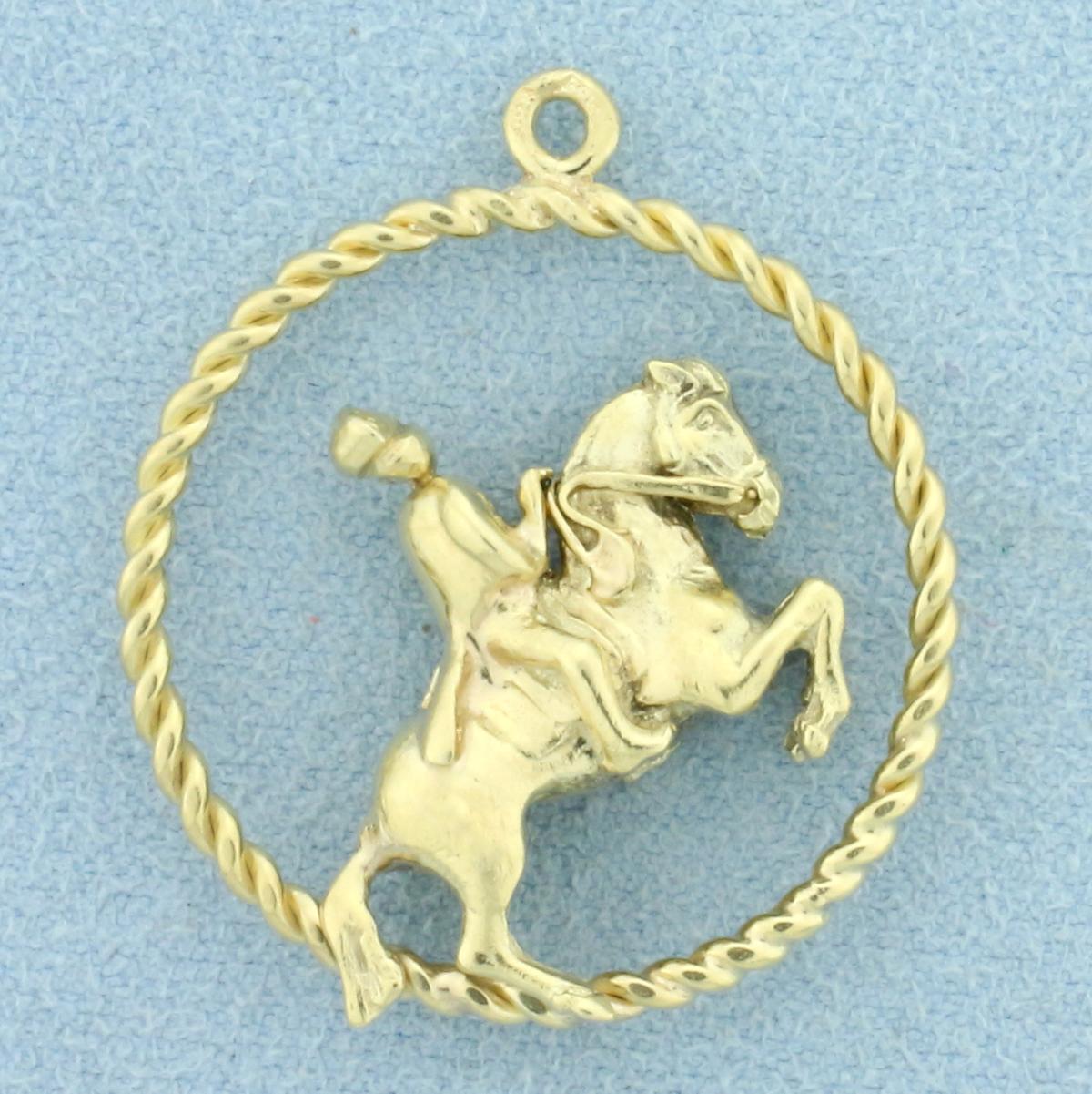 Cavalry Soldier On Horseback Pendant In 14k Yellow Gold