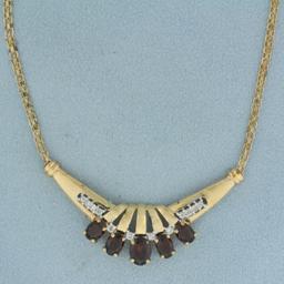 Garnet And Diamond Necklace In 14k Yellow Gold