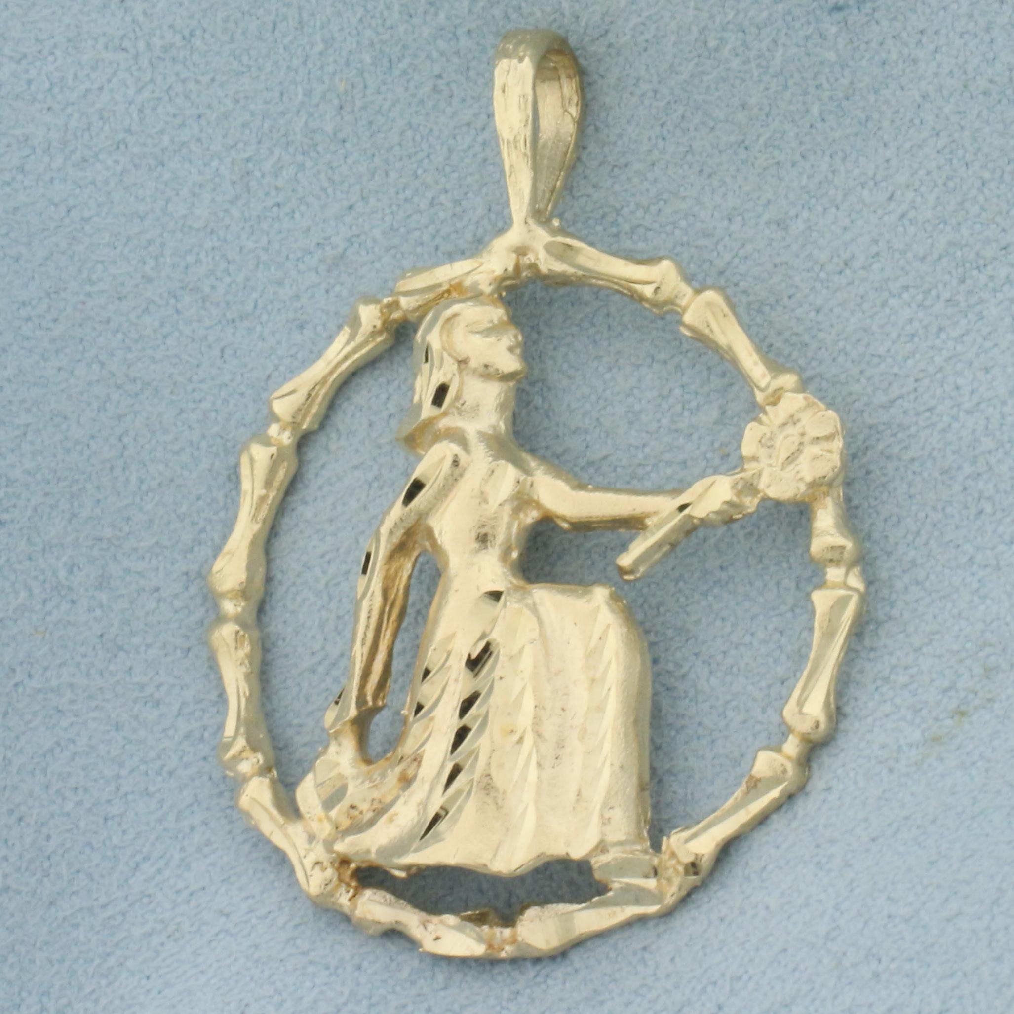 Virgo Kneeling Girl With Flowers Pendant In 14k Yellow Gold