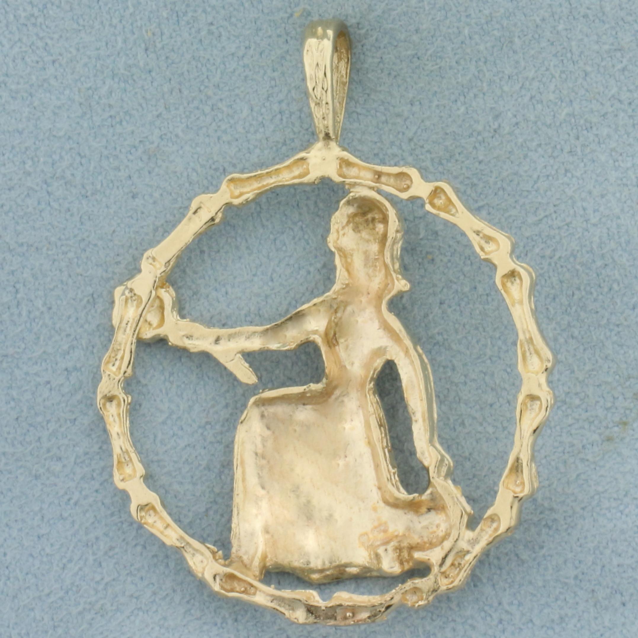 Virgo Kneeling Girl With Flowers Pendant In 14k Yellow Gold