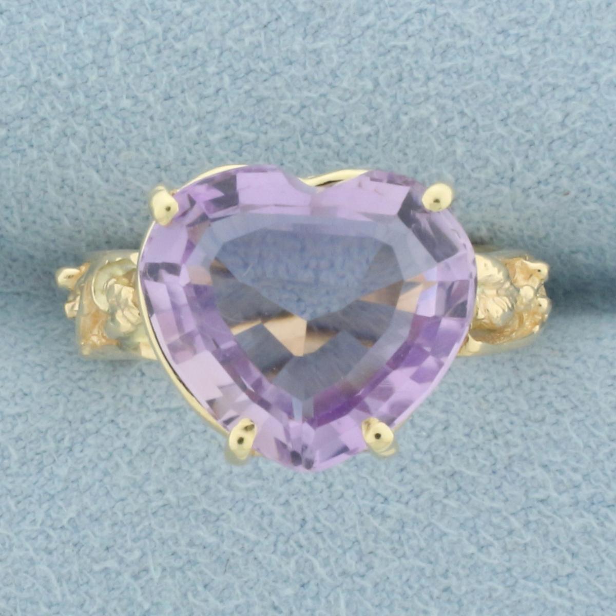 Heart Shaped Rose De France Amethyst Ring In 14k Yellow Gold