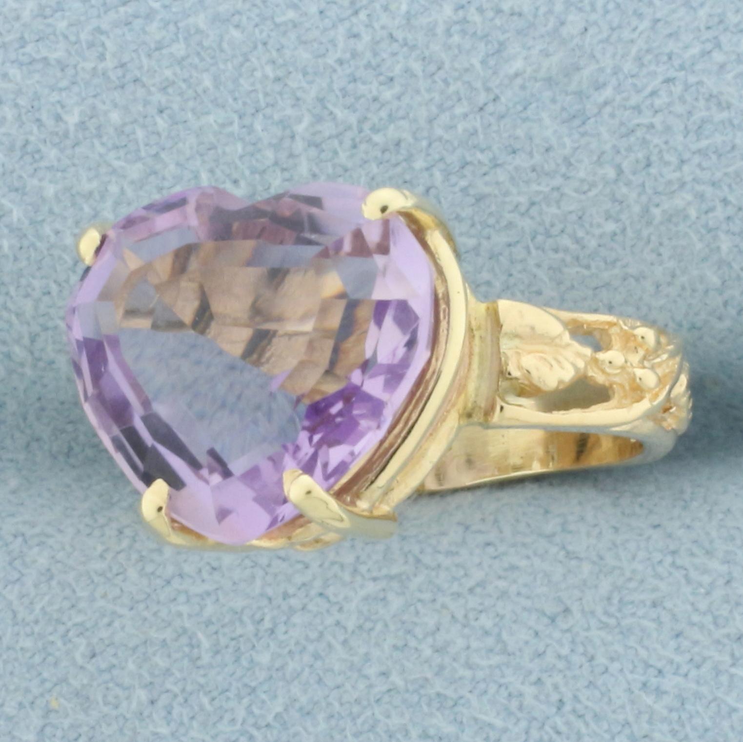 Heart Shaped Rose De France Amethyst Ring In 14k Yellow Gold