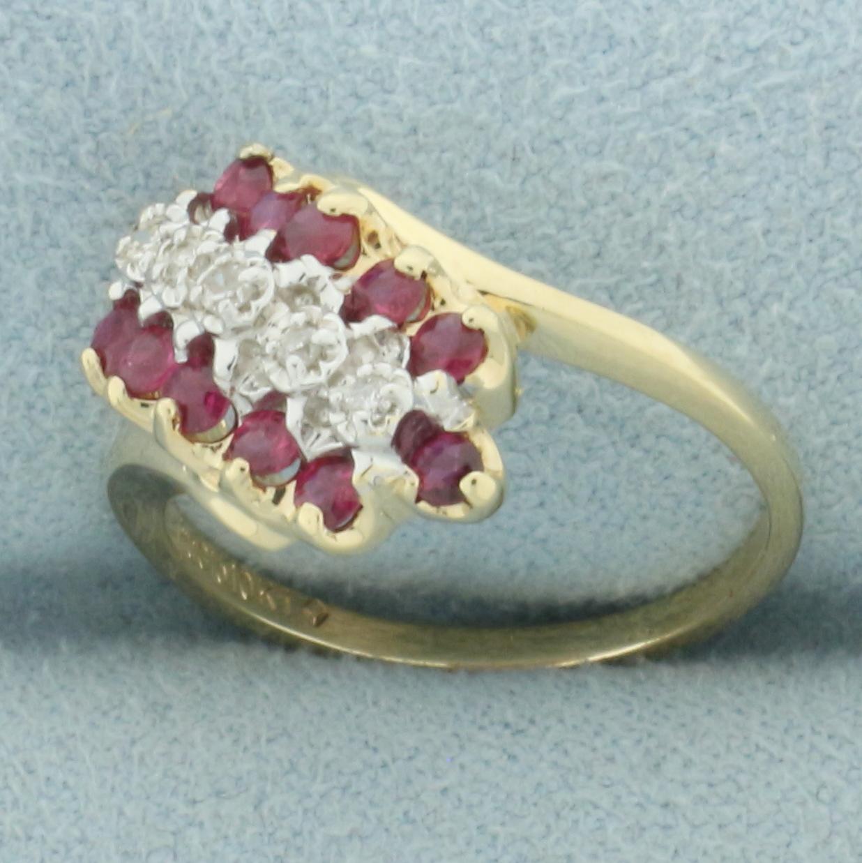 Diamond And Ruby Diagonal Waterfall Design Ring In 10k Yellow Gold