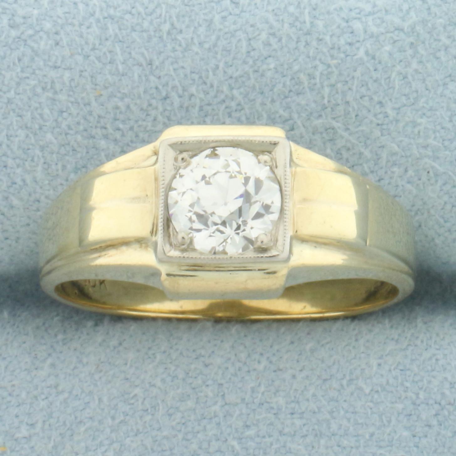 Mens Antique Old European Diamond Solitaire Ring In 10k Yellow Gold