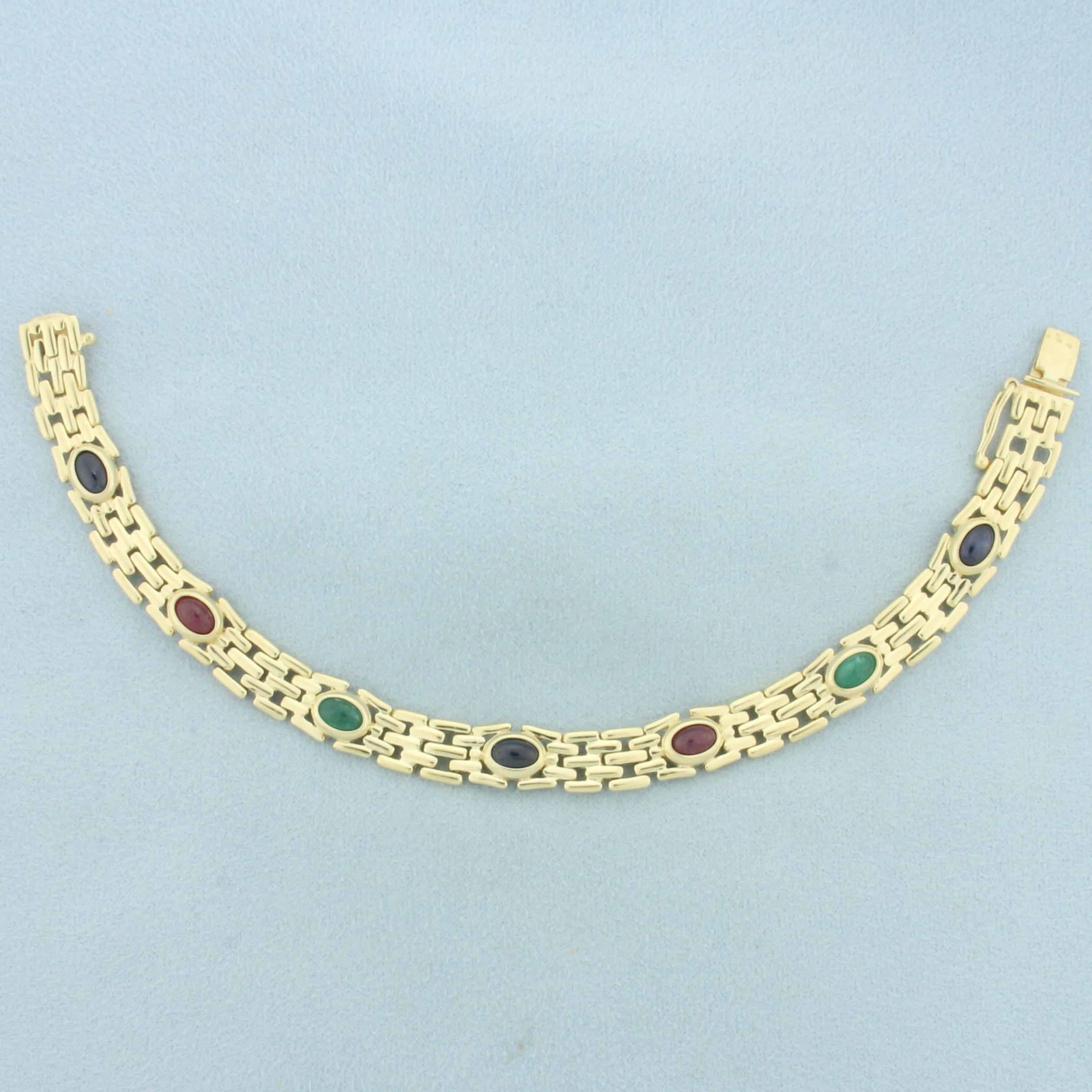 Ruby, Emerald, And Sapphire Panther Link Bracelet In 14k Yellow Gold