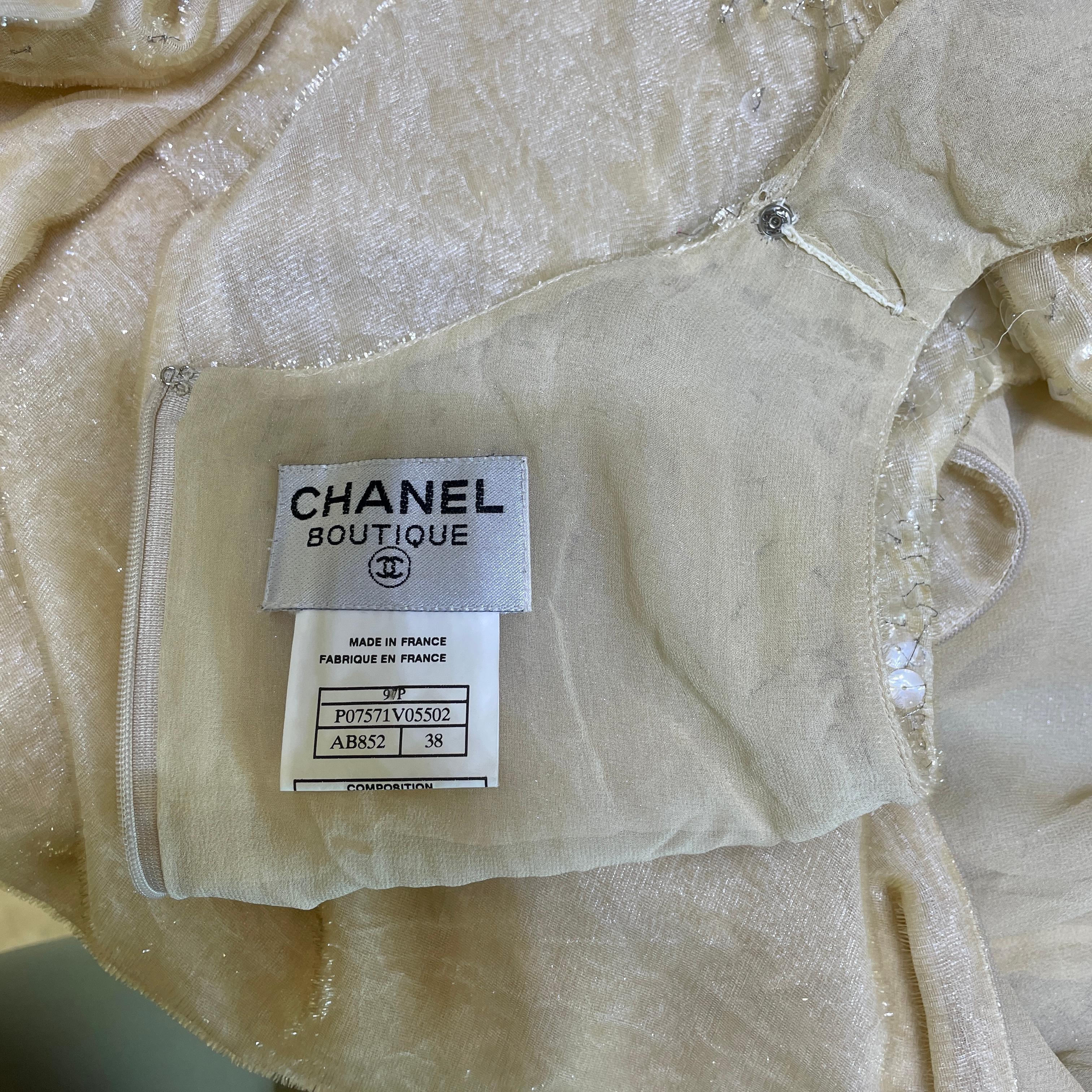 Chanel Collectors 97p Iconic Sequin Neutral Sheer Gown Dress 38