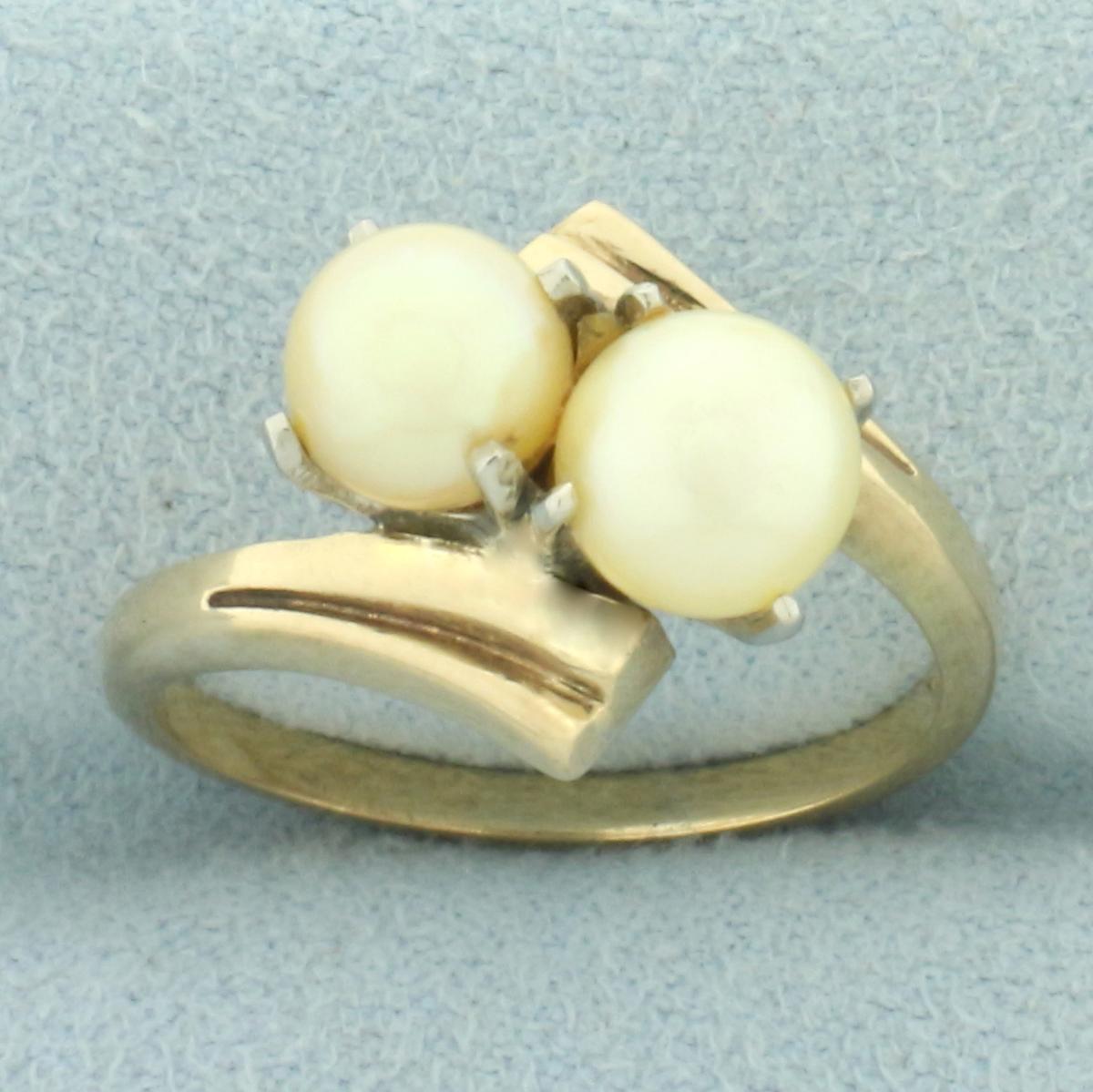 Cultured Akoya Pearl Toi Et Moi Bypass Ring In 14k Yellow Gold