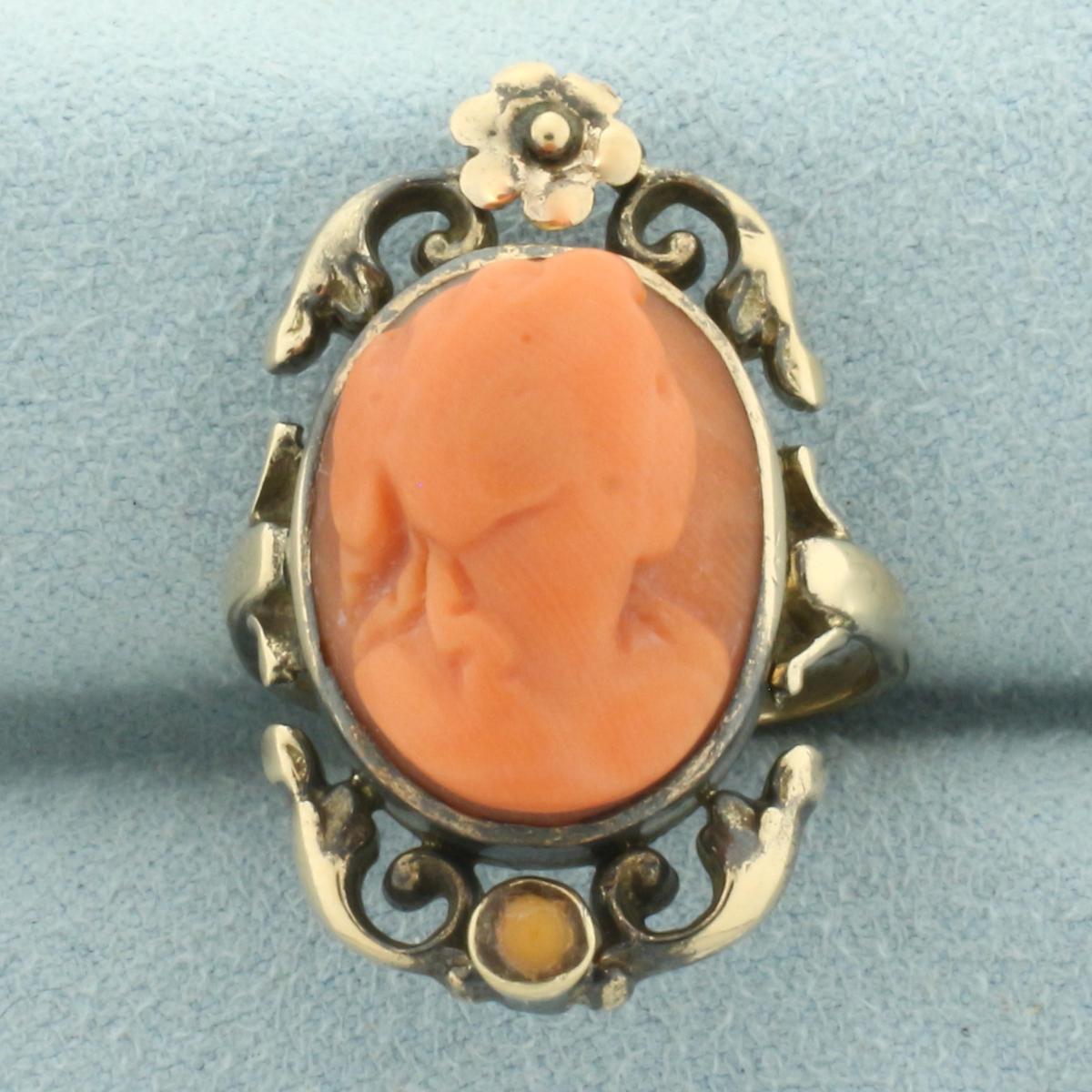 Antique Victorian Carved Red Coral Cameo Ring In 14k Rose Gold