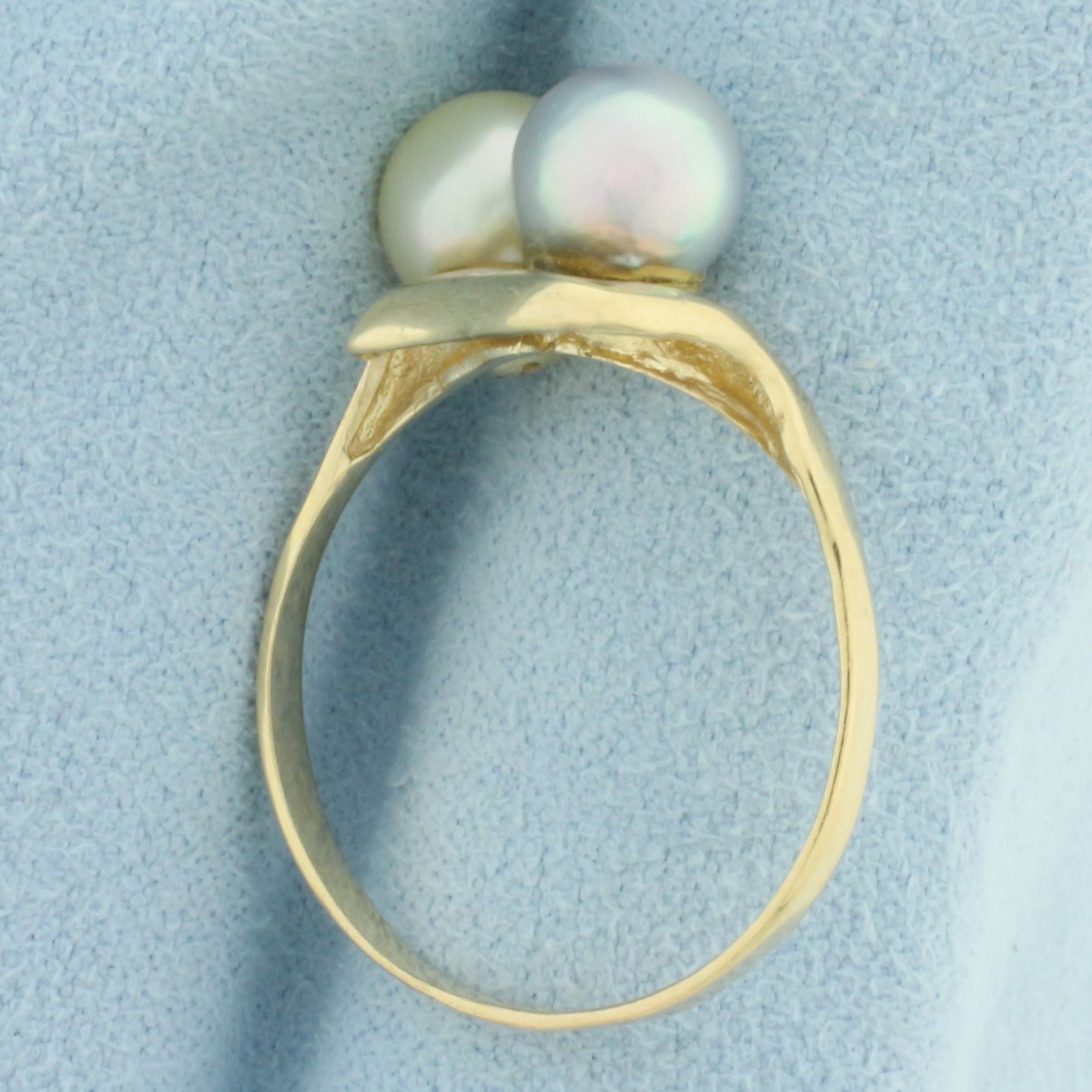 Silver And Cream Cultured Akoya Pearl Toi Et Moi Ring In 14k Yellow Gold