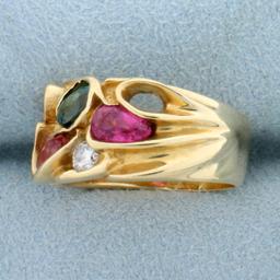 Emerald, Morganite, Diamond, And Rubellite Designer Ring In 14k Yellow Gold