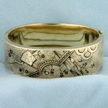 Vintage Engraved And Enameled Bangle Bracelet In 12k Yellow Gold