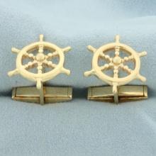 Ship's Wheel Nautical Cufflinks In 14k Yellow Gold