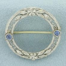 Antique Art Deco Filigree Sapphire Circle Pin In 14k White Gold