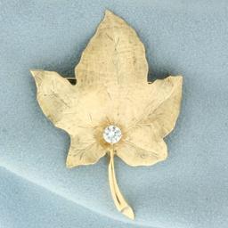 Maple Leaf 1/3ct Diamond Brooch Or Pin In 14k Yellow Gold