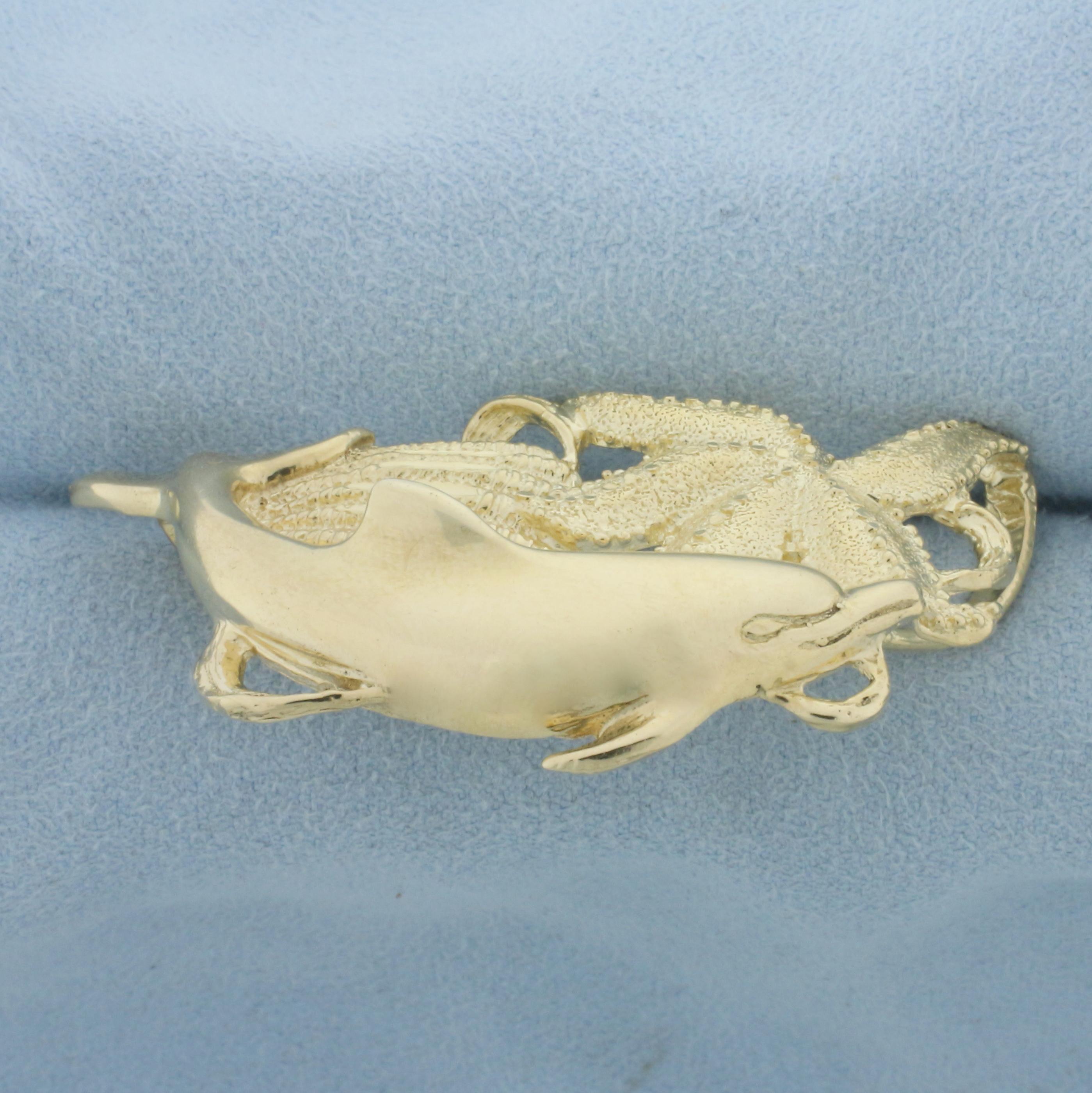 Dolphin Starfish Seashell Slide Pendant In 14k Yellow Gold