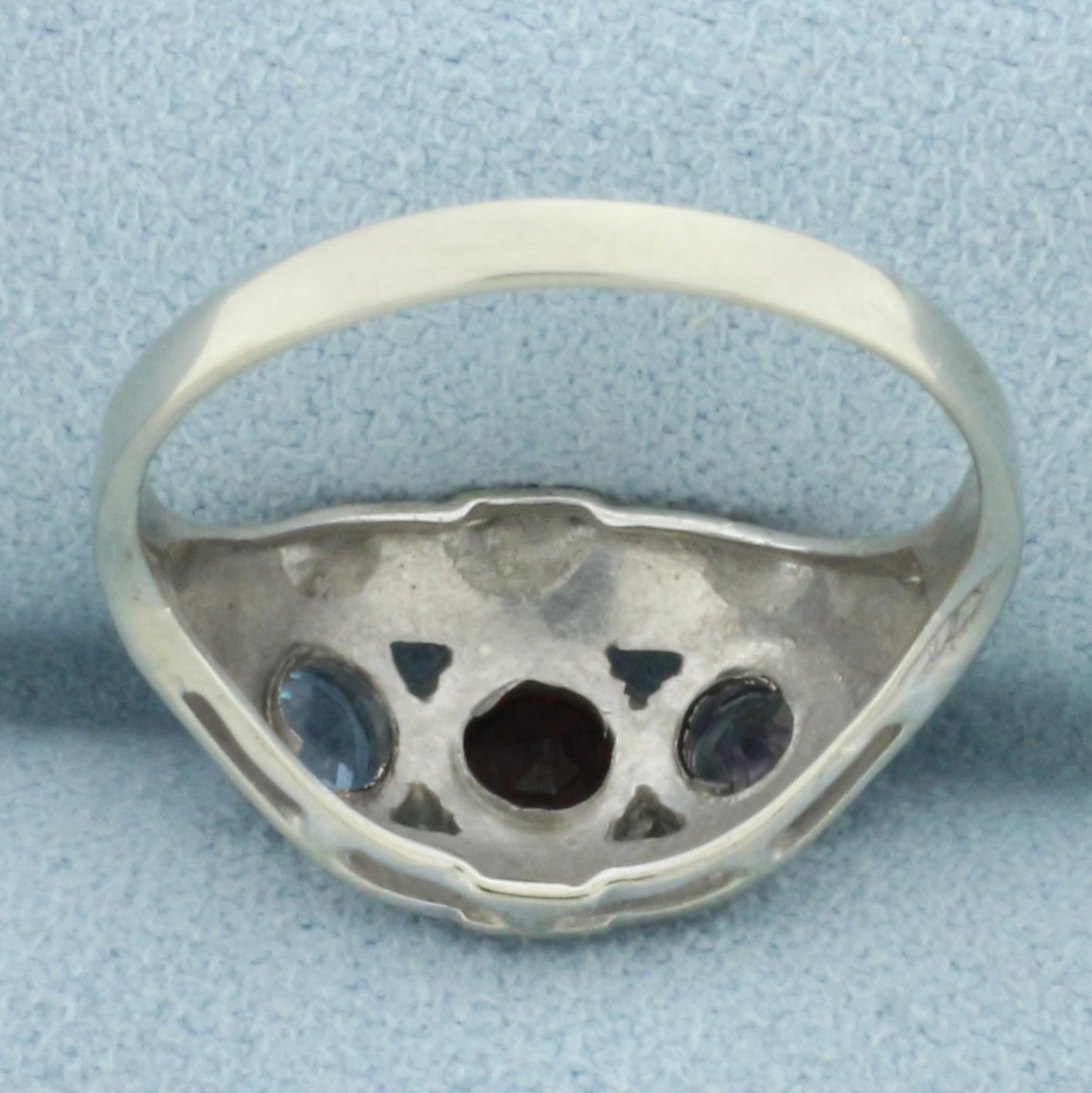 Garnet, Blue Topaz, And Sapphire Deco 3 Stone Ring In 14k White Gold