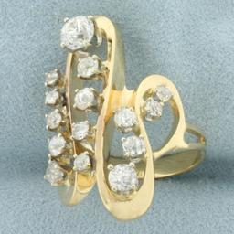 Antique Diamond Abstract Design Swirl Ring In 14k Yellow Gold