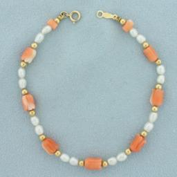 Vintage Pink Coral, Pearl, And Gold Bead Bracelet In 14k Yellow Gold
