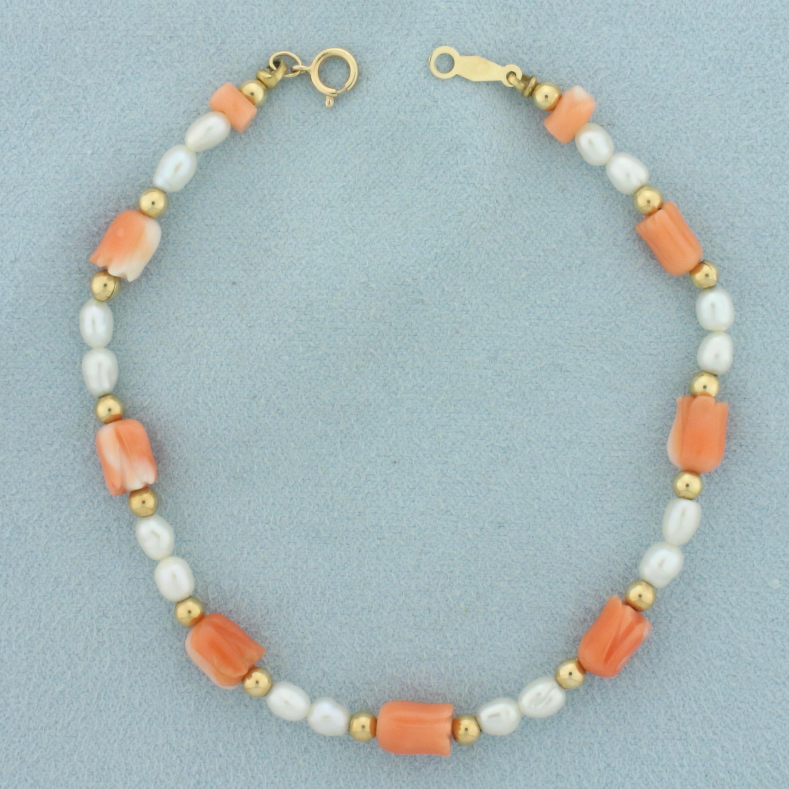 Vintage Pink Coral, Pearl, And Gold Bead Bracelet In 14k Yellow Gold