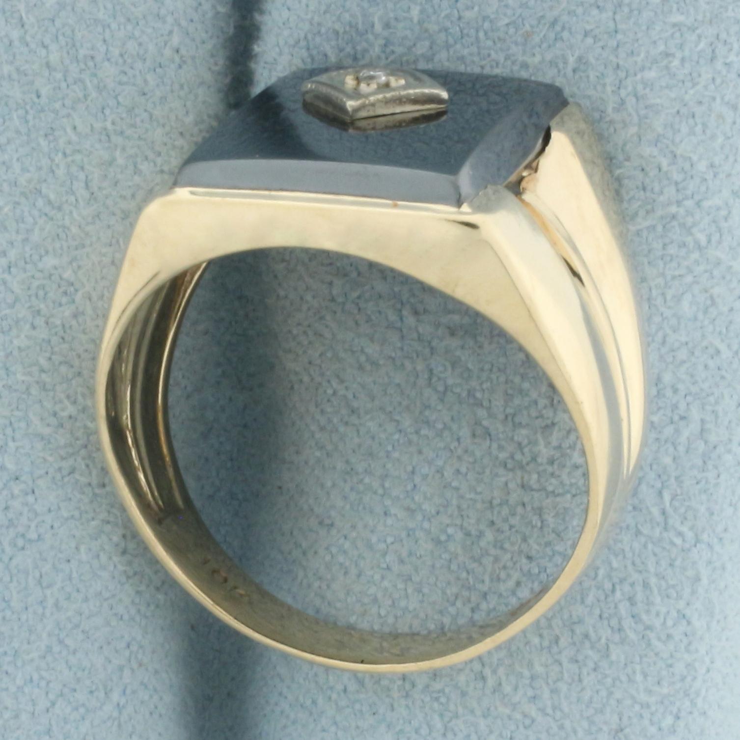 Mens Hematite And Diamond Signet Ring In 10k Yellow Gold