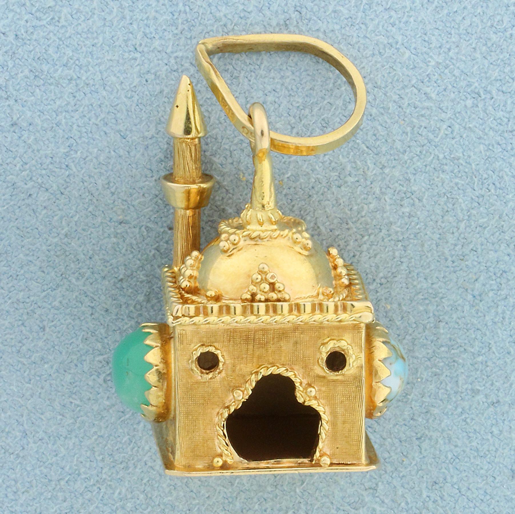 Jade, Red Coral, And Turquoise Mosque Pendant In 18k Yellow Gold