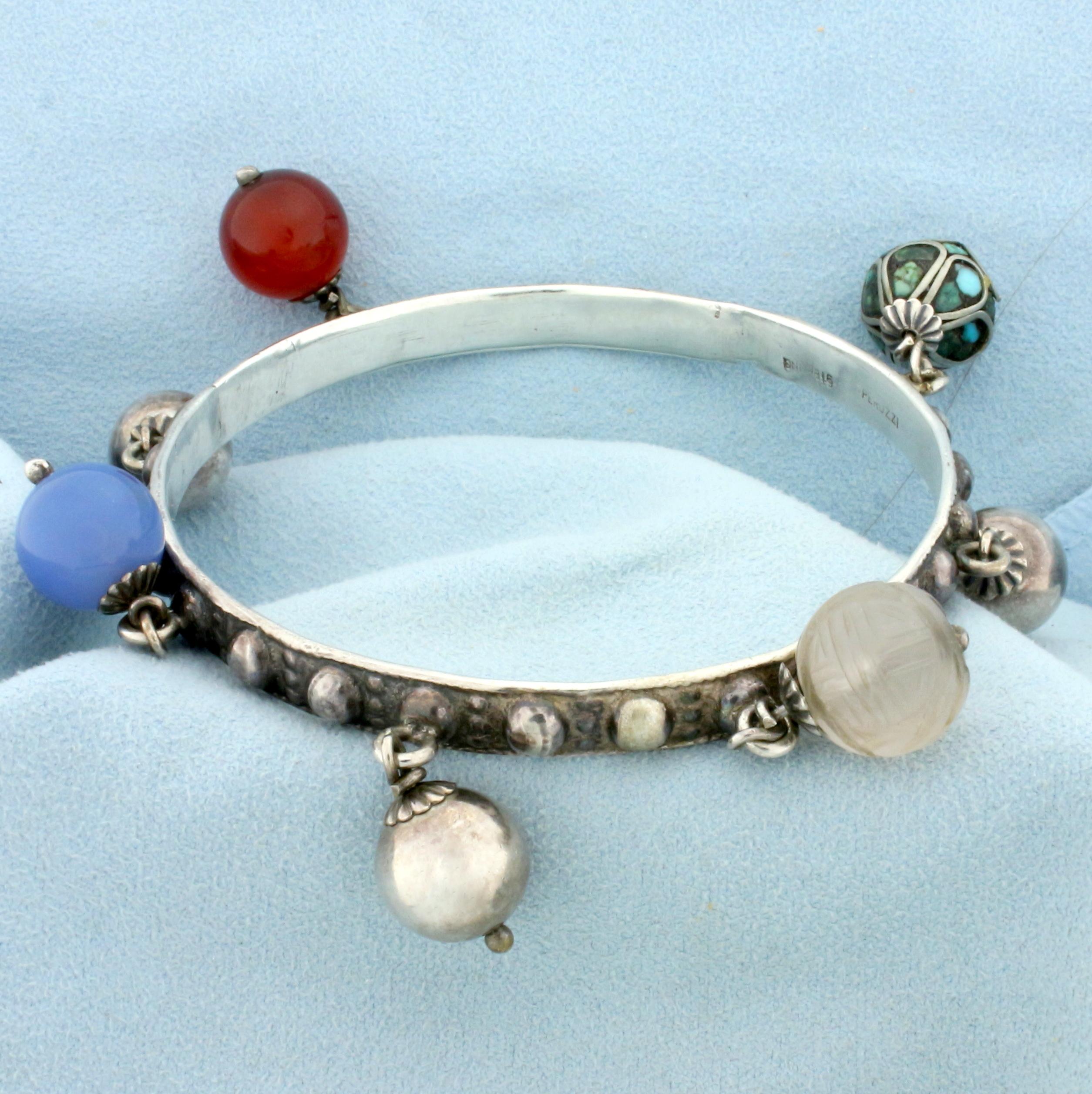 Designer Perruzzi Sterling Silver Bangle Fob Bracelet With Gemstone Dangle Beads In Sterling Silver