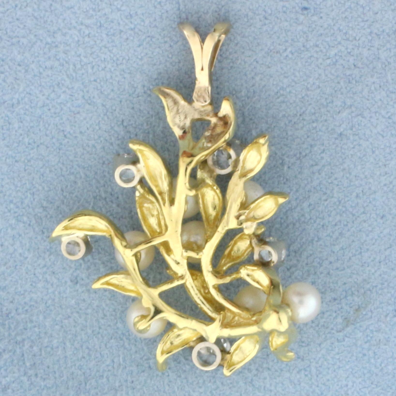 Diamond And Pearl Leaf Design Pendant In 18k Yellow Gold
