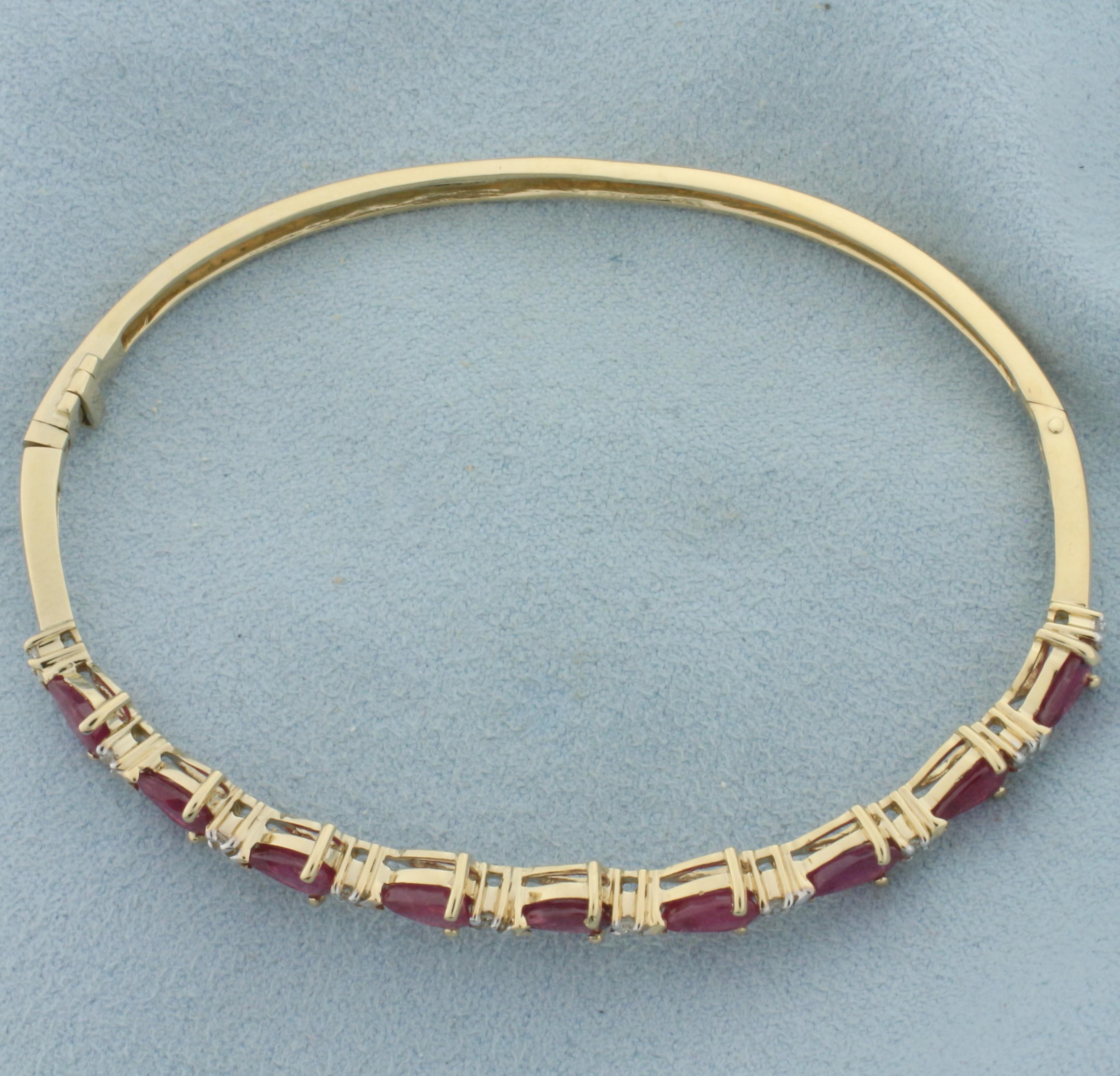 Ruby And Diamond Hinged Bangle Bracelet In 14k Yellow Gold