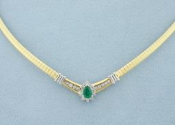 Emerald And Diamond Omega Necklace In 14k Yellow Gold