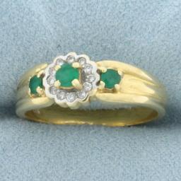 Emerald And Diamond Flower Design Ring In 18k Yellow Gold