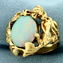 Mermaid Sea Life Opal Ring In 14k Yellow Gold