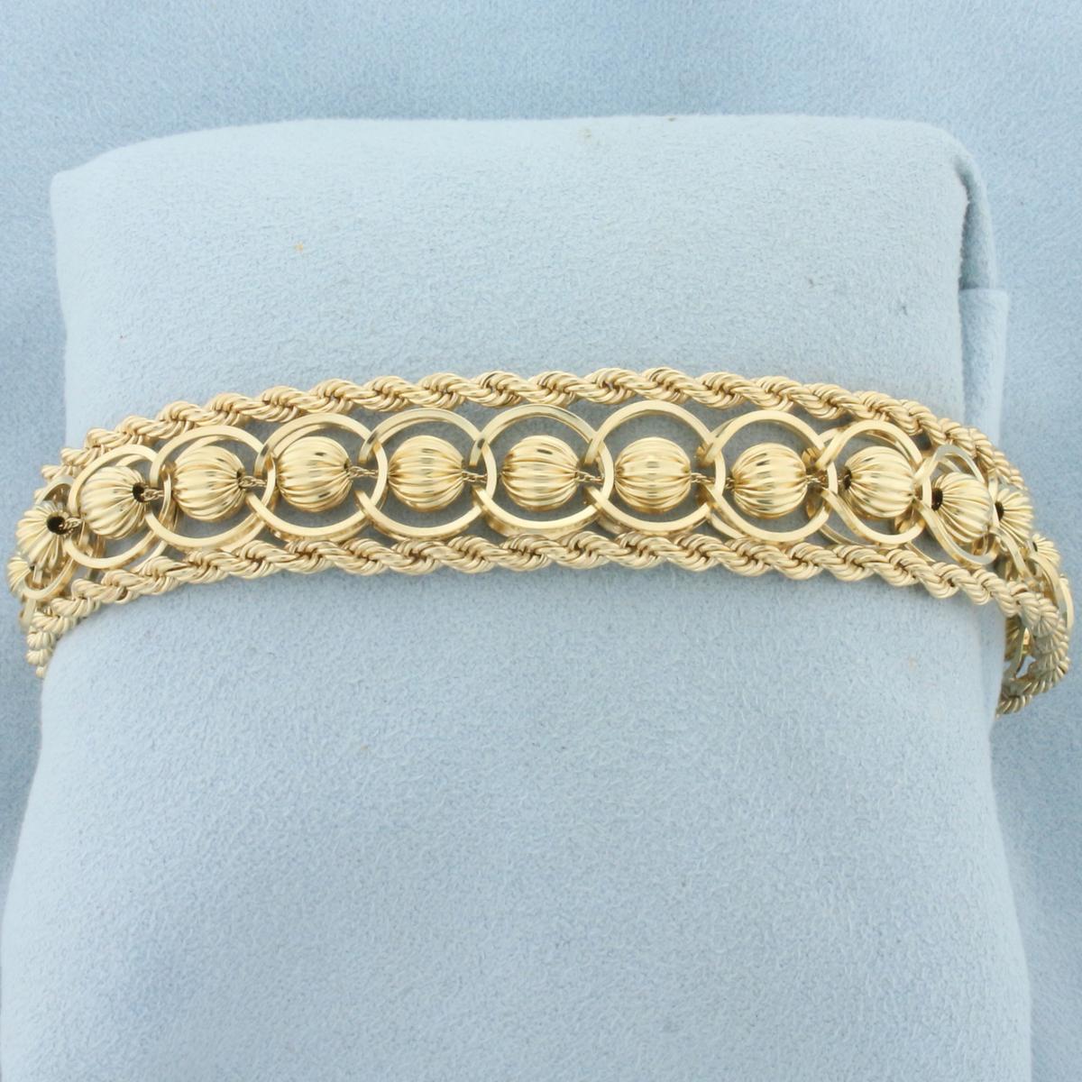 Designer Rope And Scalloped Bead Charm Bracelet In 14k Yellow Gold