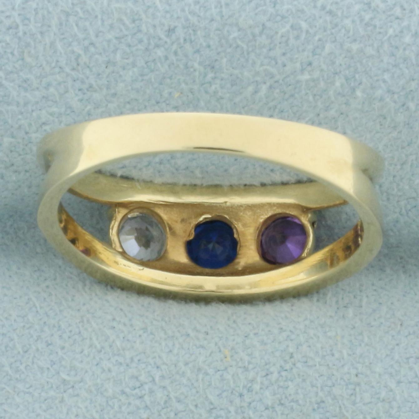 Three Stone Lab Sapphire Ring In 14k Yellow Gold