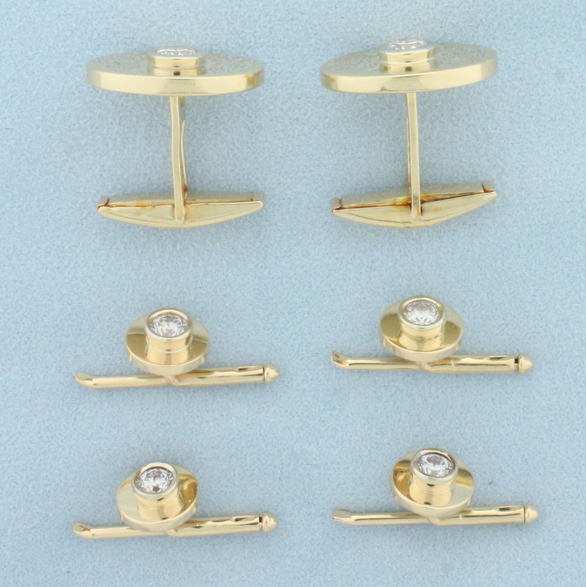 Diamond Cufflinks And Stud Set In 14k Yellow Gold