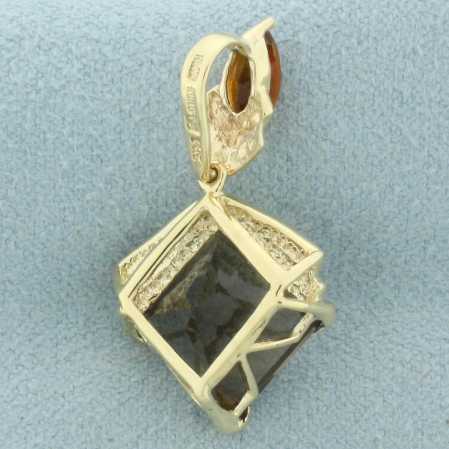 Smoky Topaz And Spessartite Garnet Dangle Pendant Slide In 14k Yellow Gold