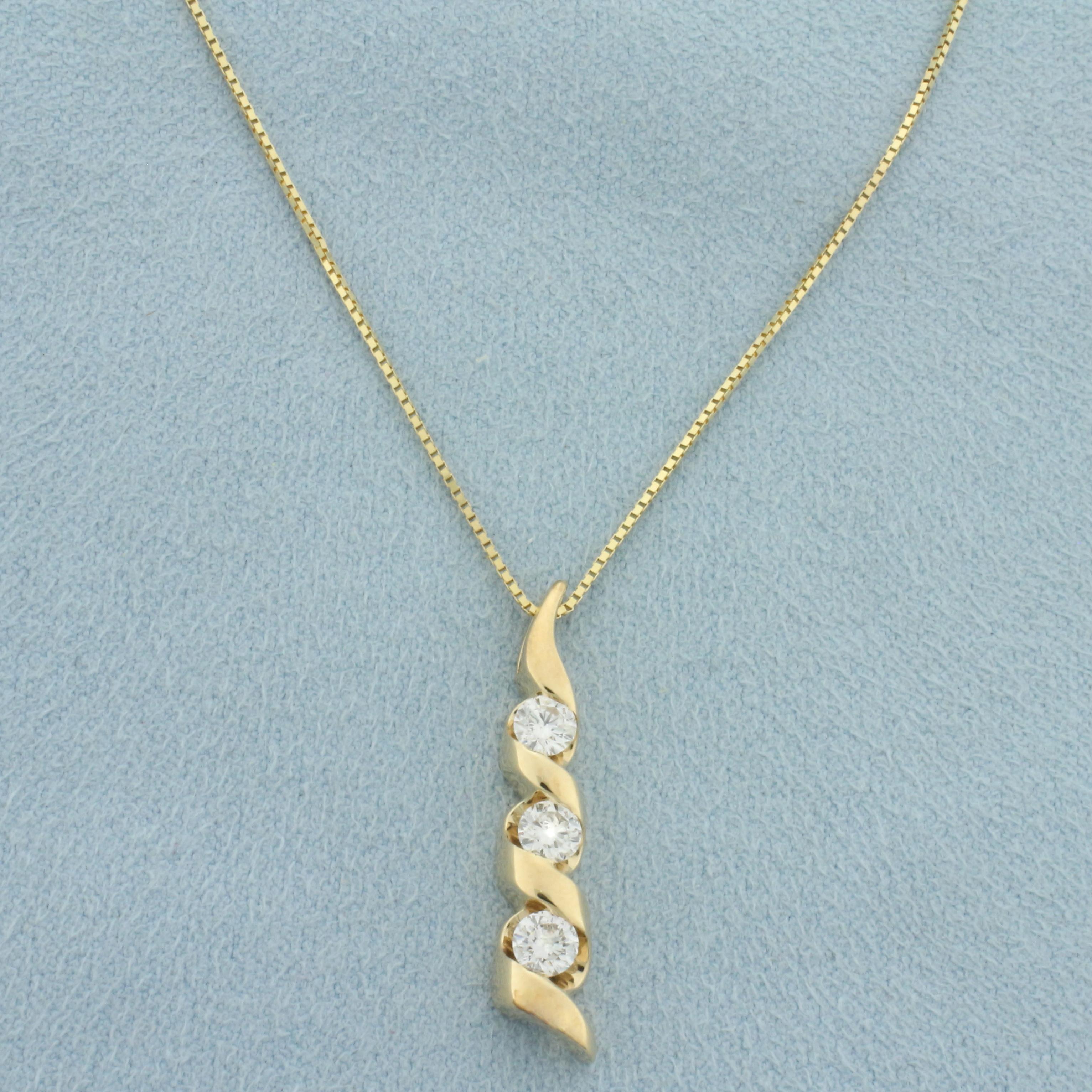 Italian Ribbon Design 3 Stone Diamond Necklace In 14k Yellow Gold