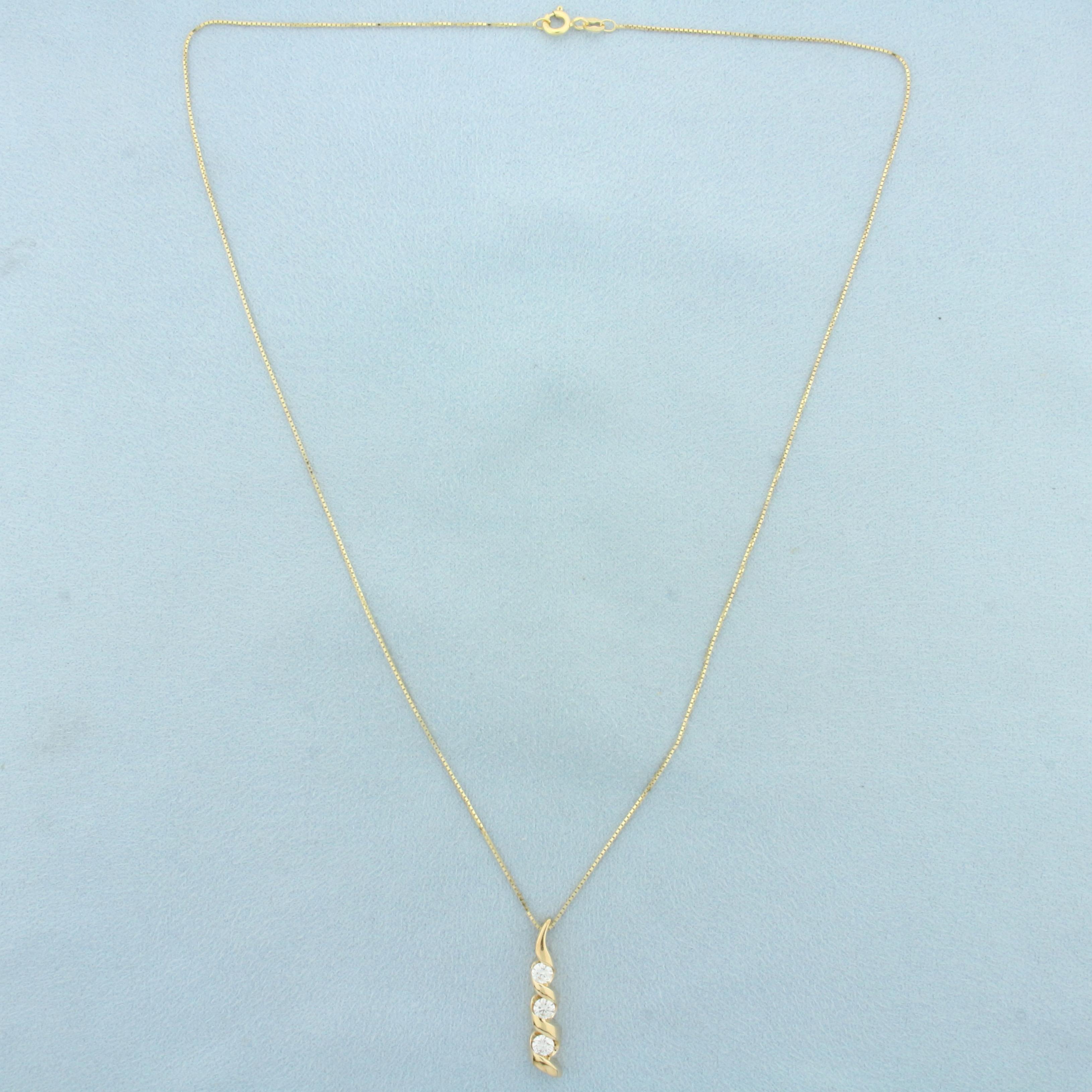 Italian Ribbon Design 3 Stone Diamond Necklace In 14k Yellow Gold