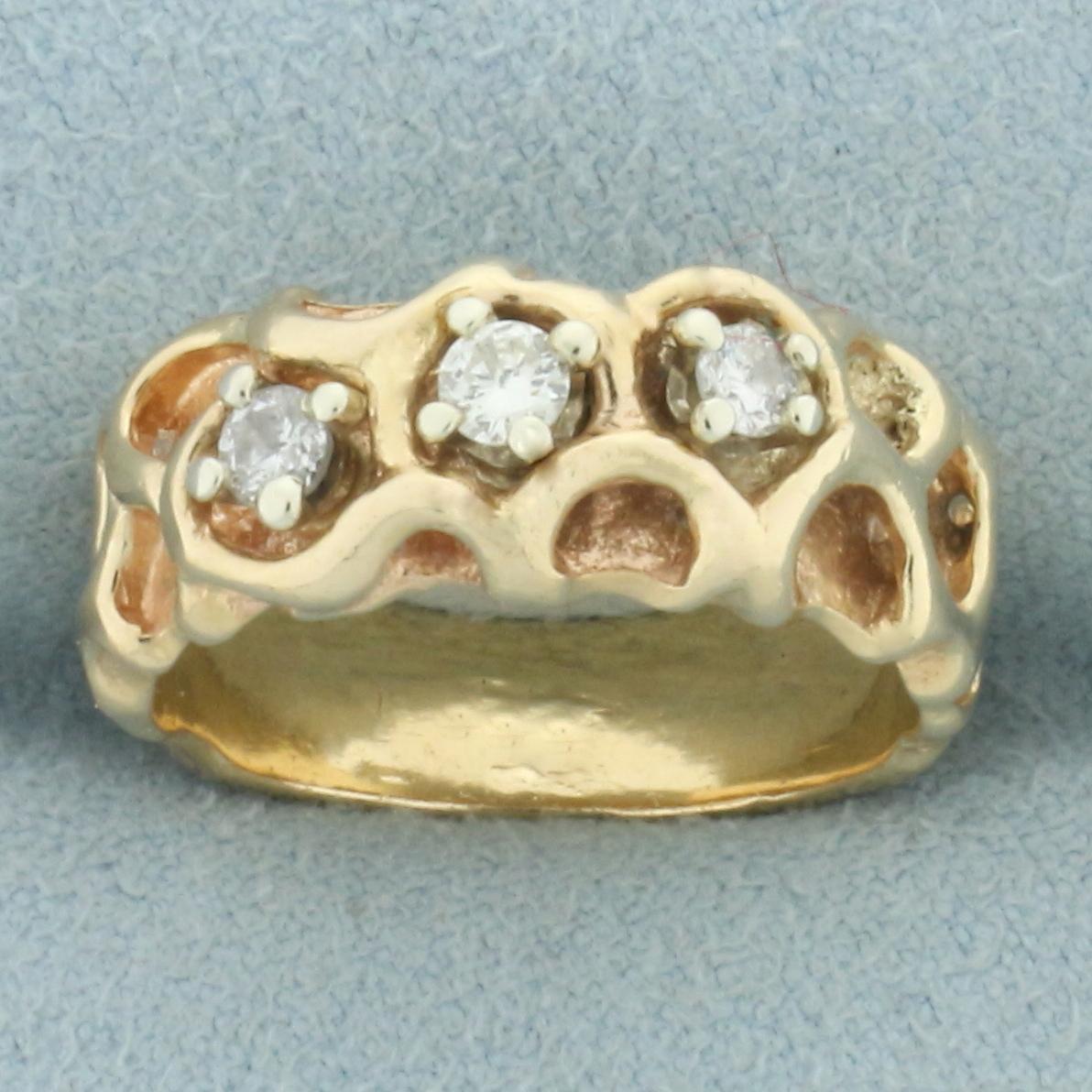 3-stone Diamond Nugget Ring In 14k Yellow Gold