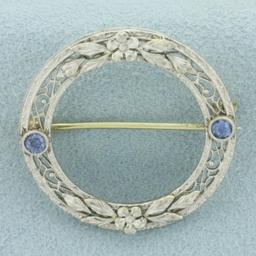 Antique Art Deco Filigree Sapphire Circle Pin In 14k White Gold