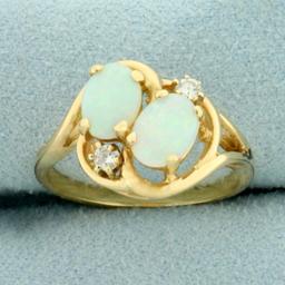 Double Opal And Diamond Ring In 14k Yellow Gold