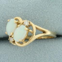 Double Opal And Diamond Ring In 14k Yellow Gold